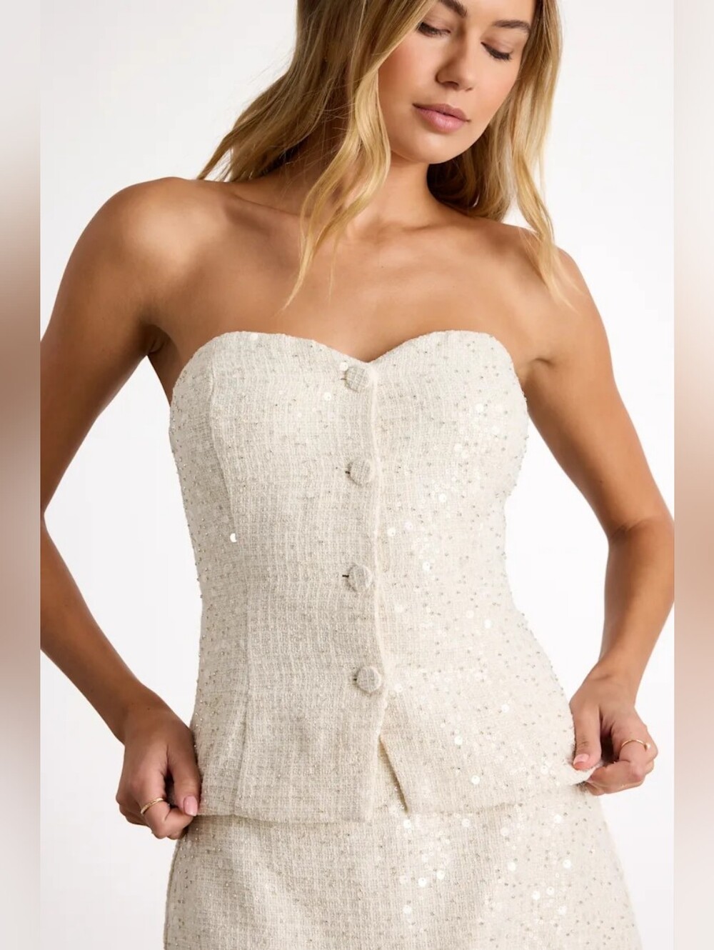 Lulu's Cream Strapless Tweed Sequin Button Corset Top - Picture 4 of 6
